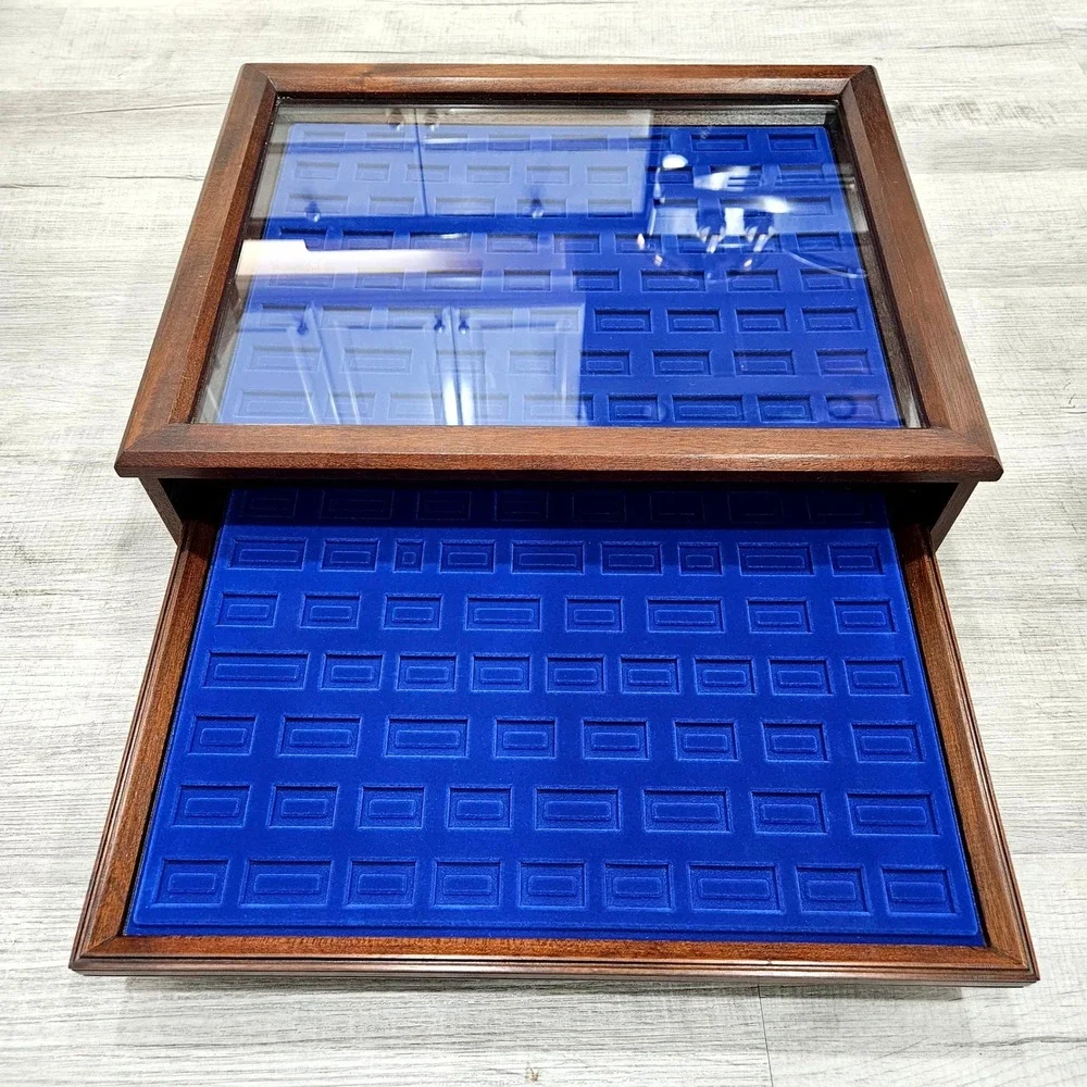 Jewelry Display Case Large Brown Wood Glass Removable 3 Tray Blue Velvet Storage